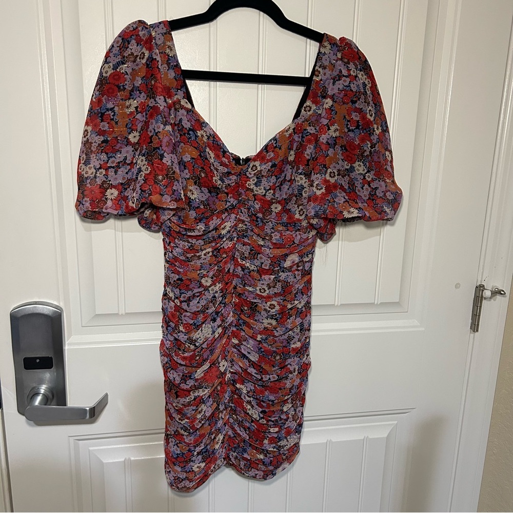 Zara Red & Purple Floral Ruched Puff Sleeve Mini Dress Size XS